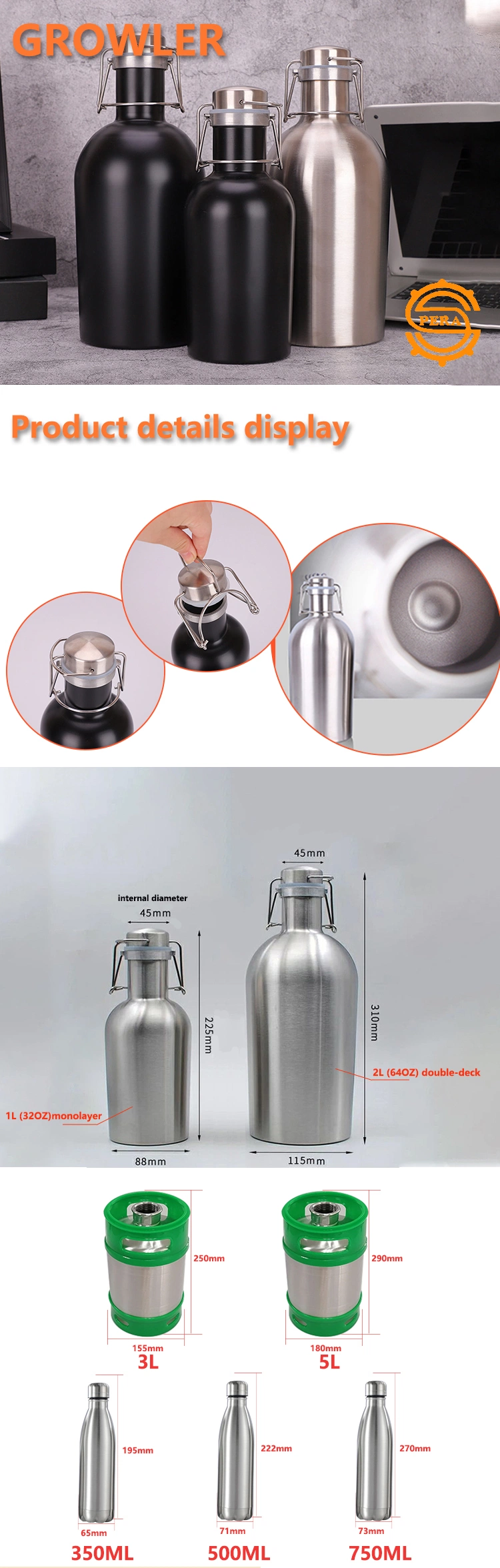 Stainless Steel Keg Pera Carbonated Growler 64 Oz 1.9L/ 128oz 3.8L