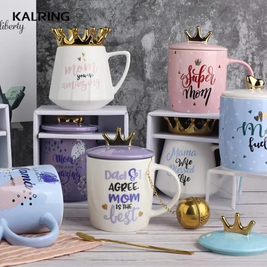 Tasse en céramique de 13 oz pour la fête des mères Kalring avec couvercle en forme de couronne par galvanoplastie